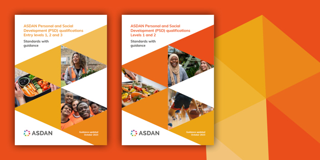 Orange background with two book covers of ASDAN's Personal and Social Development standards with guidance