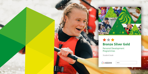 Image of young person kayaking with a yellow paddle. A book over of ASDAN's Personal Development Programmes course is on the right of the image.